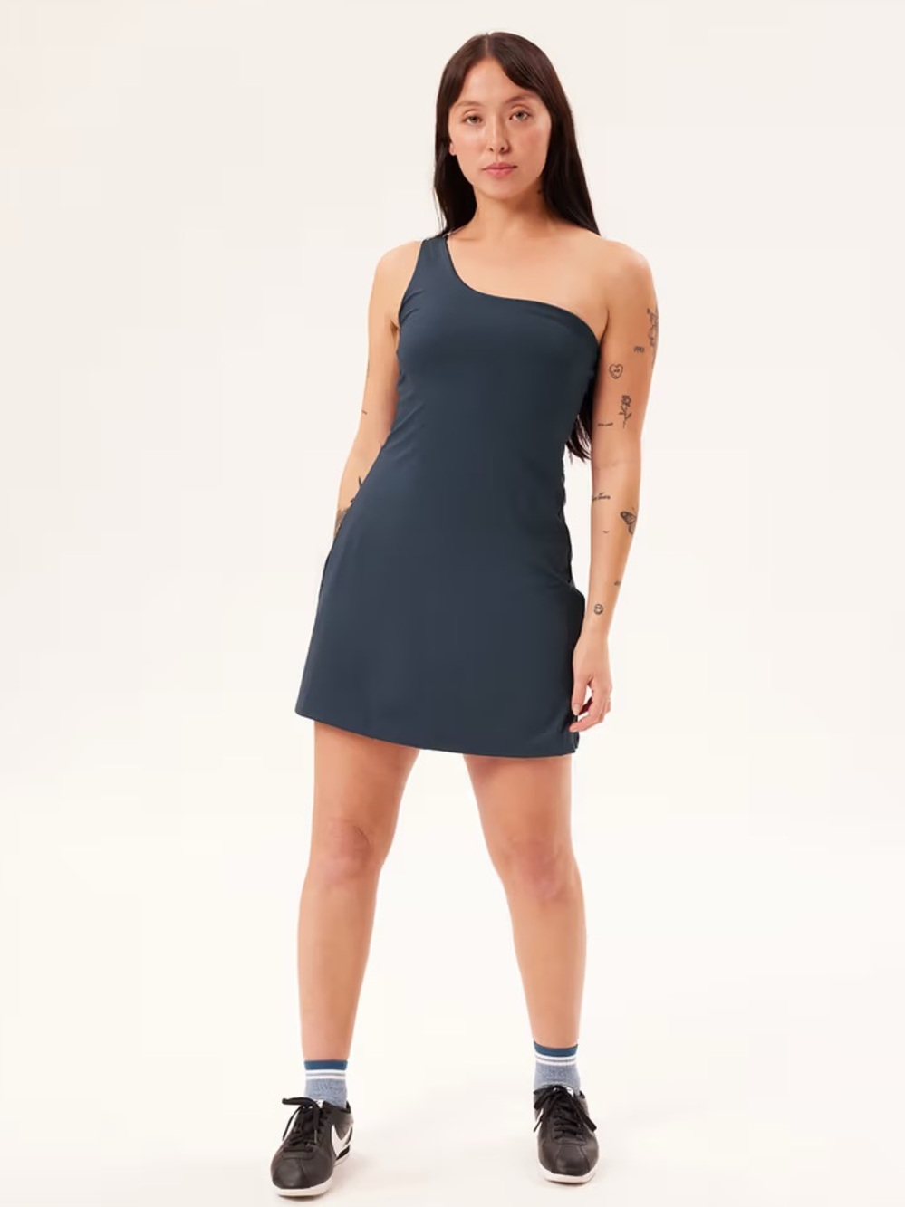 Girlfriend Collective Bianca Dress in Navy Blue M Medium One Shoulder Skort